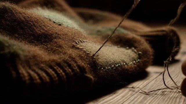 Skilled hands meticulously repair a warm, hand-knitted garment, showcasing sustainable mending techniques