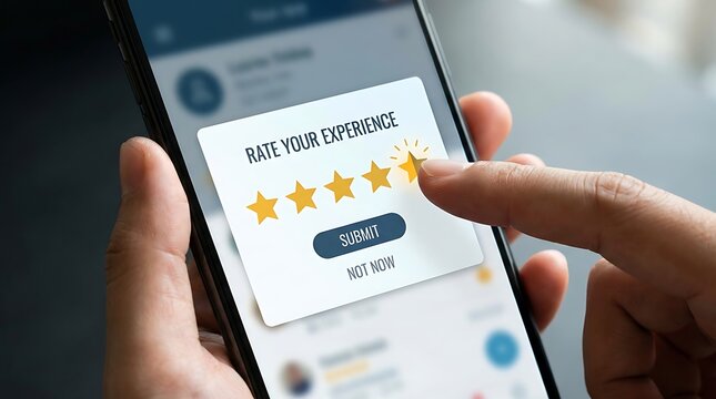 A person's finger is shown rating their experience on a smartphone screen with a five-star rating system.
