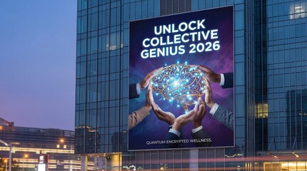 Corporate wellness poster featuring a quantum-encrypted neural network visualized as interlocking golden vines growing from a diverse team's hands