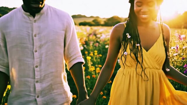 A romantic couple, woman in a flowing yellow dress, man in a casual white shirt, walking together in a field of wildflowers, warm afternoon sunlight, cinematic, golden hour, soft focus, dreamlike, ele