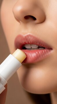 Moisturizing lip balm application on female lips, protective lip care treatment for dry skin, natural beauty routine with hydrating chapstick