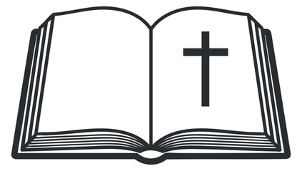 An open book with a cross symbol in minimalist black and white vector style, suitable for religious and educational contexts