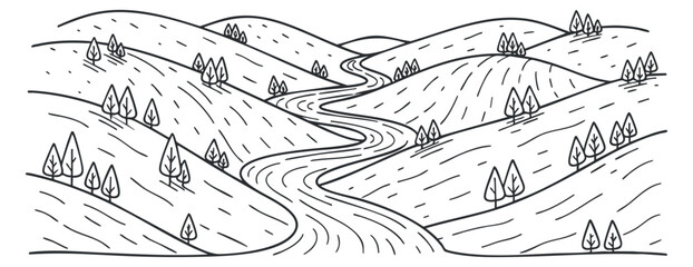 Fototapeta premium A winding river flowing through rolling hills with small trees in outline minimalist vector style, perfect for nature-themed designs