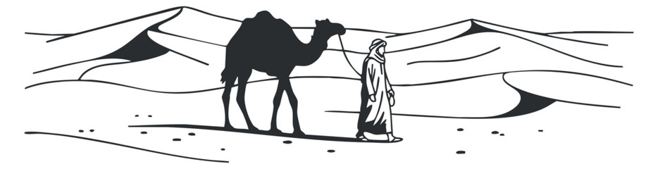 A silhouette of a traveler walking with a camel in a minimalist black and white vector style, ideal for travel and adventure themes