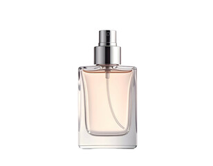 Elegant glass bottle of light-colored liquid with silver spray top