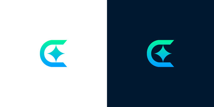 Abstract 'C' letter logo with a shining star inside, designed in a modern gradient style with blue and green hues on white and dark backgrounds