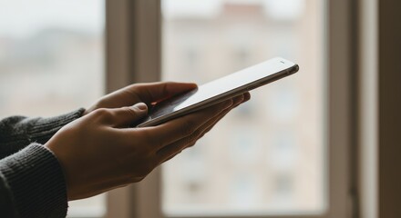 Hands Holding Smartphone, Soft Lighting, Modern Technology, Close-up, Minimalist Aesthetic.