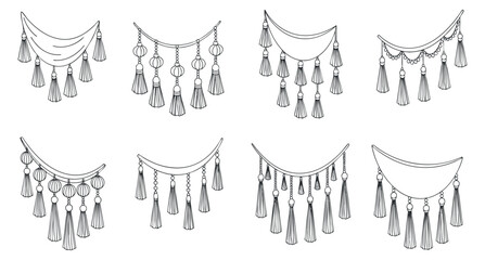 A collection of decorative tassel garlands in minimalist black and white vector style, perfect for festive occasions and event design