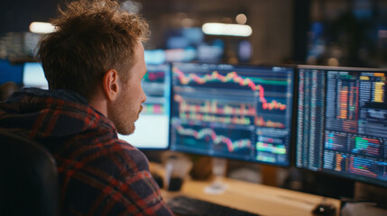 A man sitting in front of multiple computer monitors displaying stock market data and graphs