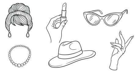 A collection of fashion accessories including a hat, lipstick, sunglasses, and jewelry in minimalist line art style, perfect for beauty and fashion branding