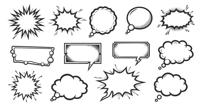 A collection of speech bubbles and explosion graphics in black and white outline vector style, ideal for comic and graphic design projects