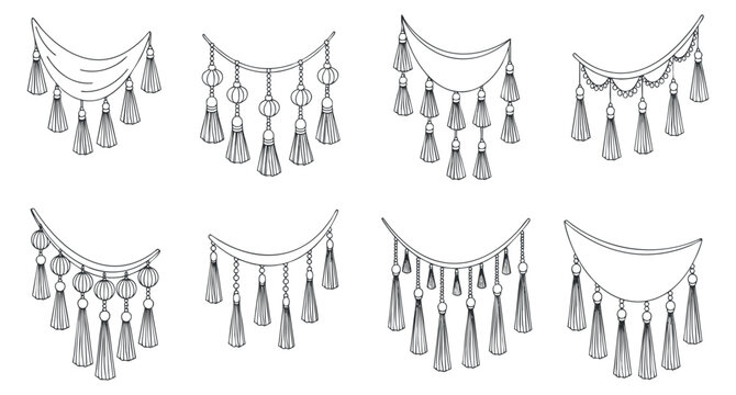 A collection of decorative tassel garlands in minimalist black and white vector style, perfect for festive occasions and event design