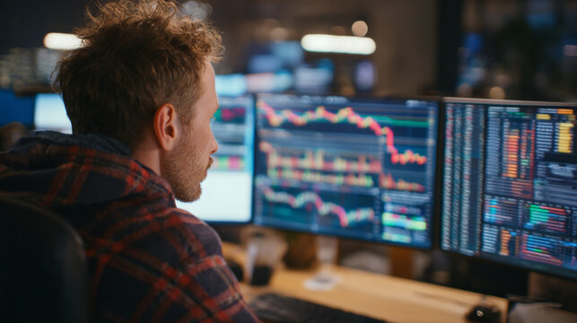 A man sitting in front of multiple computer monitors displaying stock market data and graphs - Powered by Adobe