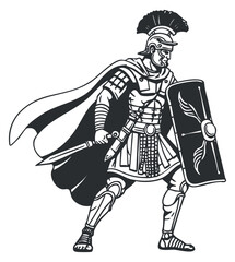 Fototapeta premium A dynamic Roman warrior in black and white outline vector style, suitable for historical themes and illustrations