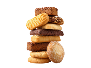 Assorted baked cookies stacked high against a dark background assortment sweet