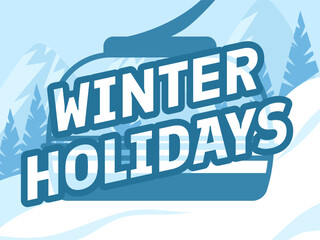 Winter banner with cable car and snowy mountain scene with pine trees. Winter Holidays text. for festive winter designs.