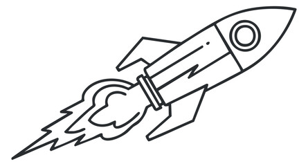 A rocket launching with flames and smoke in a clean outline vector style, ideal for technology and innovation themes