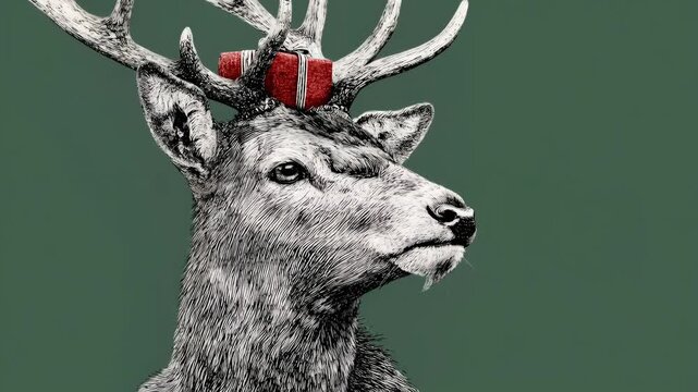 Illustration of deer with red gift box on antlers. Christmas and holiday deer in three frames. Festive and modern animal artwork.