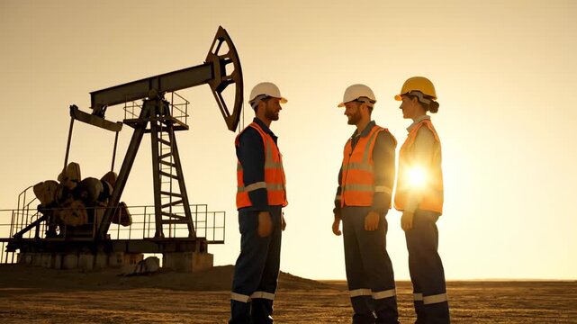 Team of oil and gas engineers in hard hats reaching an agreement and shaking hands at a desert oilfield, with a pumpjack and the setting sun creating a powerful silhouette of their collaboration