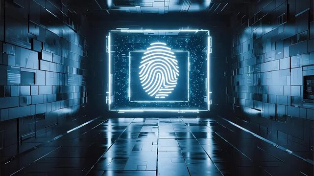 Futuristic corridor with fingerprint display