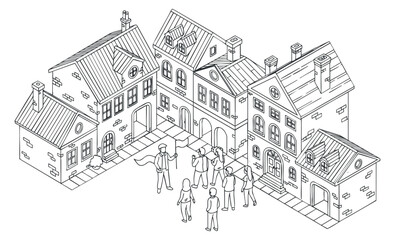 Fototapeta premium A group of people interacting in front of a set of houses in isometric outline vector style, suitable for urban planning presentations