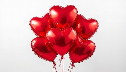 A cluster of shiny red heart-shaped balloons tied together on a white background for a romantic celebration