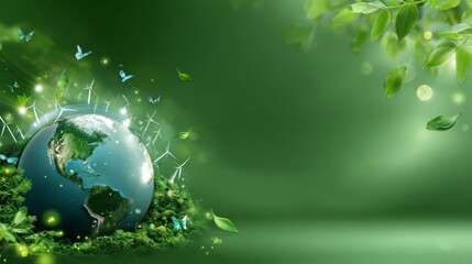 A green background with a globe on top of it and a lot of leaves and butterflies