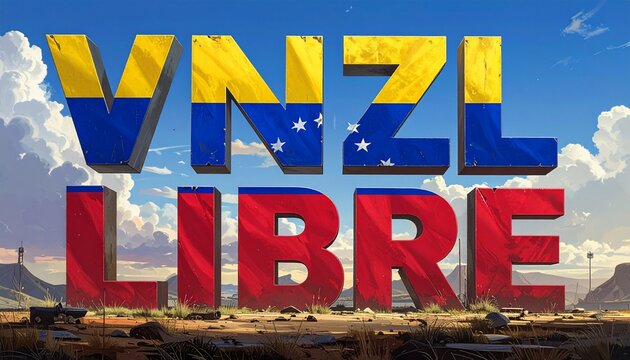 Texto &ldquo;VNZL LIBRE&rdquo; en estilo hiperrealista, con letras 3D formadas por la bandera de Venezuela, textura de tela, colores vibrantes y estrellas blancas, ideal para dise&ntilde;os patri&oacute;ticos y gr&aacute;ficos impact