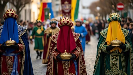 Fototapeta premium Three masked men in ornate regal robes and crowns hold golden gifts in a festive street procession