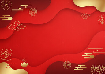 Luxury Red and Gold Lunar New Year Background with Abstract Waves and Flowers