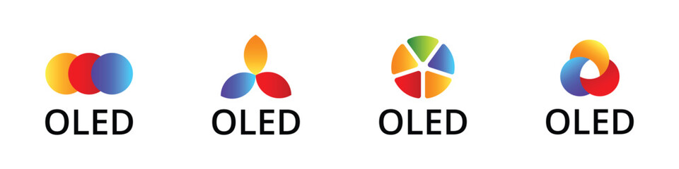 Colorful oled logo variations featuring abstract shapes and gradients.