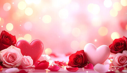 Close Up of Pink and Red Roses with Large Heart Decorations and Bokeh Lights