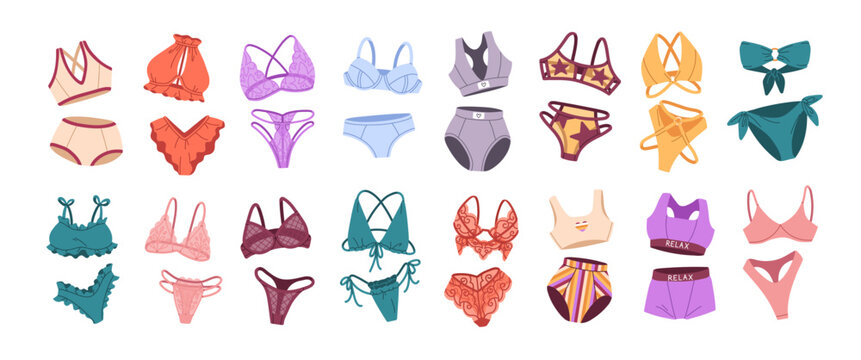 Set of different lingerie and bikinis. Sexy lace underwear and swimsuits. Stylish bra and panties for women. Female panty, thongs. Fashion underclothes. Flat isolated vector illustrations on white.