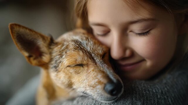 Sweet emotional moment of a happy little girl gently hugging her beloved pet dog with closed eyes, showcasing the pure bond, friendship, and unconditional love between a child and an animal