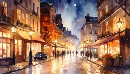 Watercolor illustration of shopping district at night, European mood