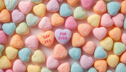 A colorful assortment of heart-shaped candies with sweet messages on a pastel background