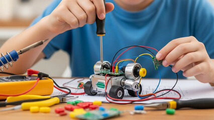 Person in blue shirt assembling a small robot with wires and tools on a wooden workbench with various electronic components with electronics and assembly and diy with maker
