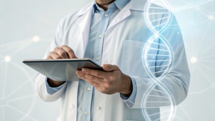 Researcher using tablet with digital DNA strand, symbolizing futuristic genome technology