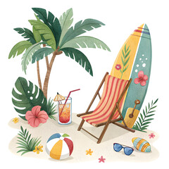 Summer beach vacation scene with palm trees,  on transparent background