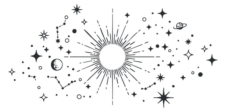 A celestial scene featuring a sunburst, stars, and planets in black and white vector style, perfect for cosmic-themed designs