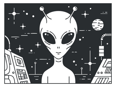 An alien character with large eyes and antennae in black and white minimalist vector style, ideal for sci-fi themed designs