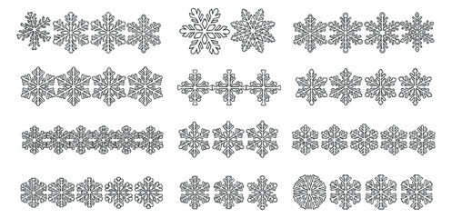 Obraz premium A collection of decorative snowflake patterns in black outline vector style, suitable for winter-themed designs and crafts