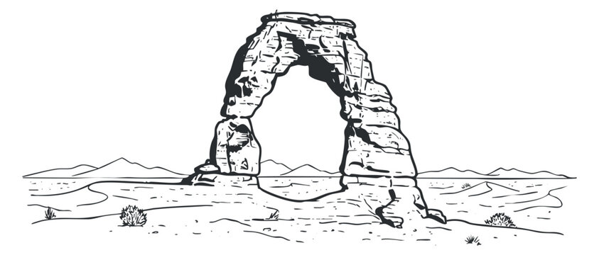 A detailed outline illustration of a natural rock arch in minimalist vector style, perfect for outdoor adventure themes