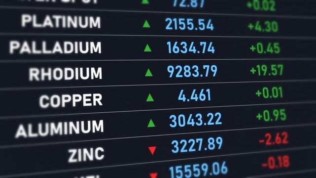 Precious metals trading dashboard with gold silver platinum palladium price tickers and real time market quotations on digital led display animation
