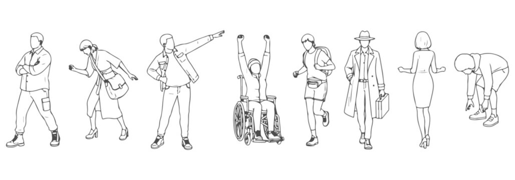 CAD top view vector illustration of people in motion&mdash;walking, turning, bending, reaching, stretching, stepping forward, picking something up.