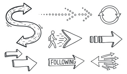 A set of hand-drawn directional arrows and movement icons in black and white vector style, ideal for navigation and signage design