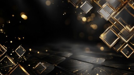 A black background with gold squares and a lot of sparkles