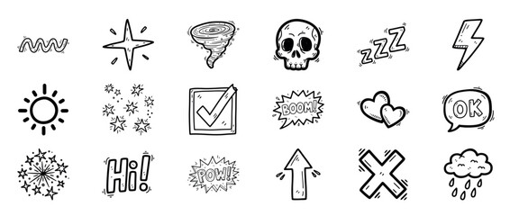 Fototapeta premium Hand-drawn doodle icons: weather, emotions, symbols, and more
