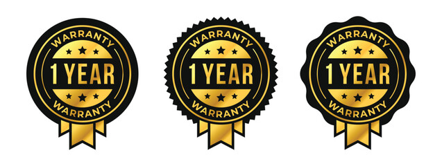 1 year warranty logo set with golden ribbon and stars in circle vector illustration. For icon, sign, symbol, badge, stamp, seal, label, shield, stickers, certificate, seal, lifetime, illustration