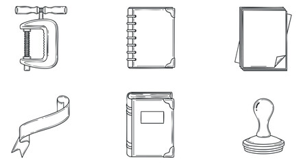 A collection of office stationery icons including a clamp, notebook, document, ribbon, and stamp in minimalist black and white vector style, perfect for business and design projects
